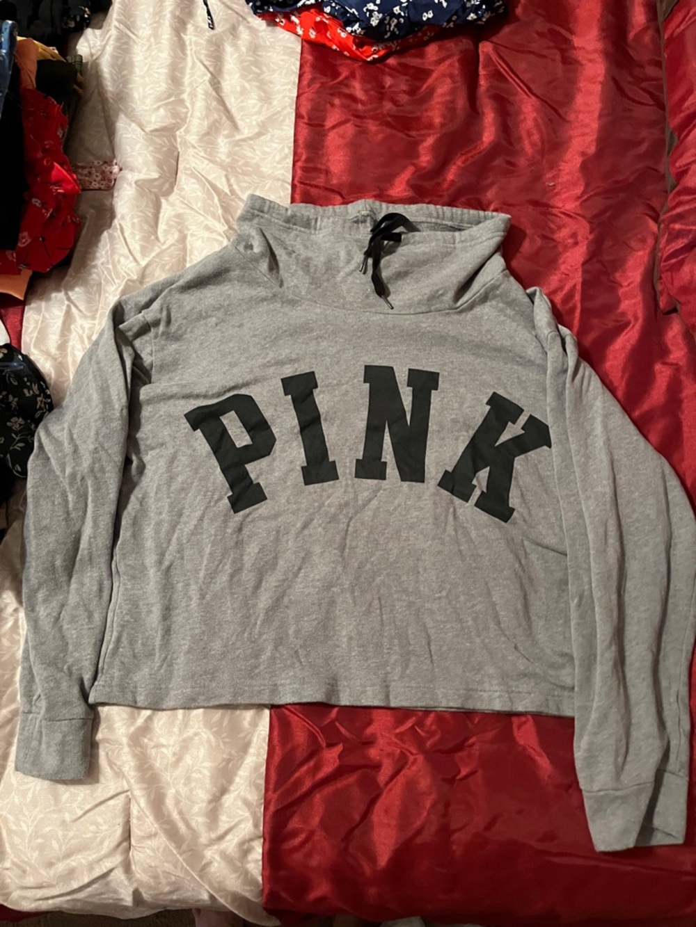PINK Victoria's Secret Light Grey Cropped Hoodie with Black Lettering